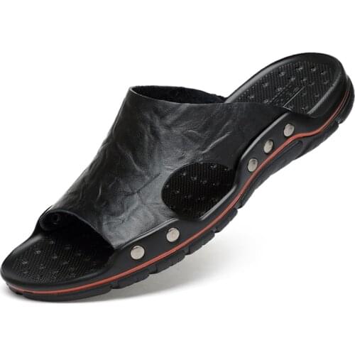 Mens Leather Sandals Fashion Flat Casual Men Shoes Outdoor Beach Shoes Non-slip Beach Slippers Men Home Slippers Large Size 48