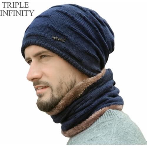 TRIPLE INFINITY Fashion Winter Thick Warm Mens Knitted Hat Outdoor Riding Mountaineering Windproof Dust-proof Male Hat beanies