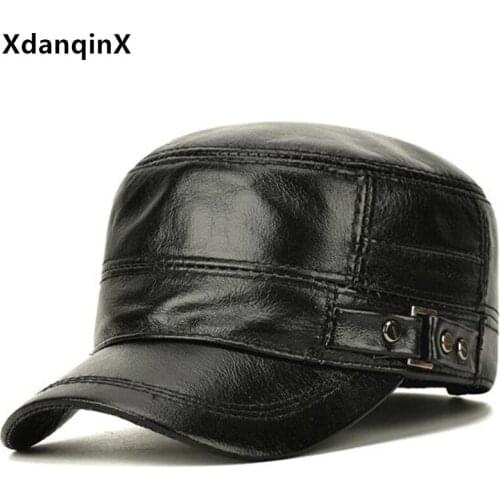 XdanqinX Mens Flat Caps New Natural Cowhide Leather Cap Military Hats Men Winter Warm Hat Adjustable Size Genuine Leather Hat
