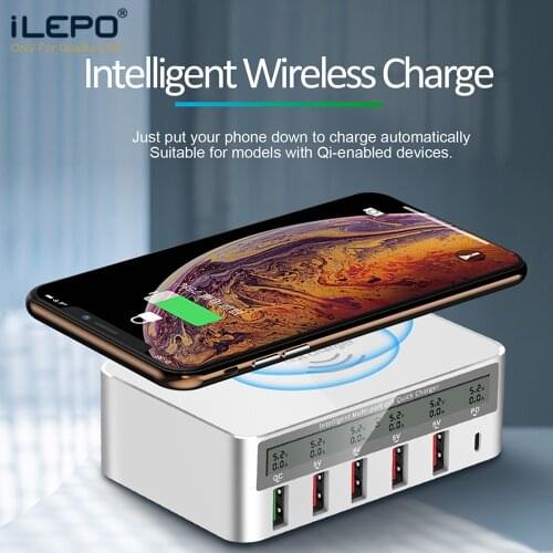ILEPO 100W QC3.0 USB Charger PD Quick Charge 5-Port Smart LCD Charger Fast Wireless Charger For iphone8 X Samsung Xiaomi Huawei