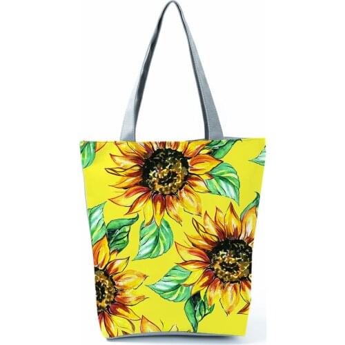Sunflower Printed Handbag Floral Reusable Capacity Foldable Yellow Shopping Bag Cartoon Women Outdoor Travel Tote Custom Pattern