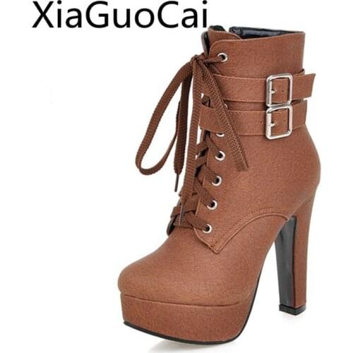 Plus Size 35-43 Round Toe Women High Heels Pumps Genuine Leather Fashion Spring and Autumn Female Boots Lace Up Boots