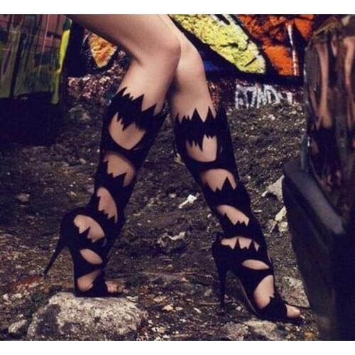 New Summer Sexy Ladies Flame Shape Cut out Knee High Boots Stiletto high Heels Shoes Women Peep toe Gladiator Sandals Boots