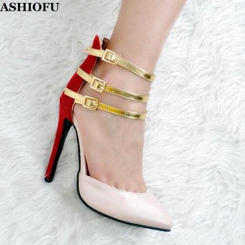ASHIOFU New Hot Sale Ladies High Heel Pumps Three-buckles Straps Party Prom Dress Shoes Patchwork Evening Club Fashion Shoes