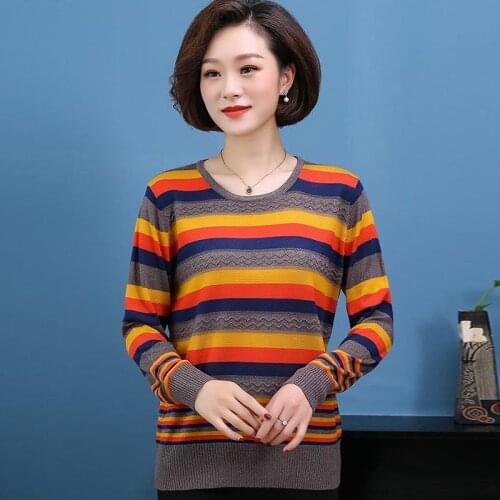Women 2021 Spring New Fashion Striped Rainbow Sweater Tops Female Mom Long Sleeve Jumper Ladies Thin Knitted Pullovers M423