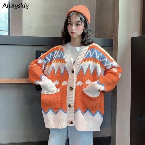 Cardigan Women Multi Color V-neck Folk Style Harajuku Lovely Charm Streetwear Loose Knitwear Autumn Vintage Tops Girls Fashion