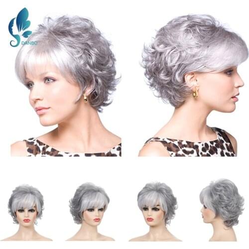 DAN BO Middle-aged and elderly ladies wig short curly hair mother silver white wig high temperature resistant synthetic wig