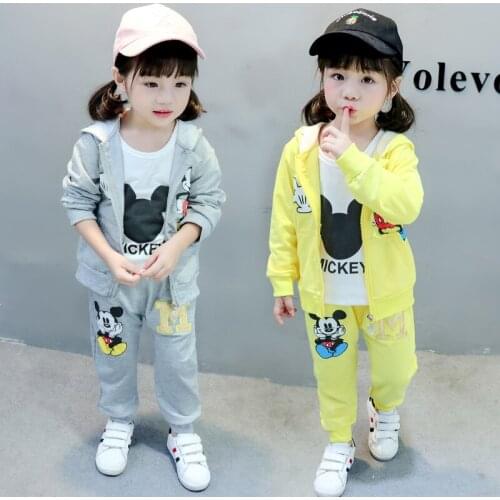Mickey Minnie Children Clothing Suit Cute Baby Clothes Set Coat+T Shirt+Pants 3pcs Spring Casual Hooded Children Clothes Set