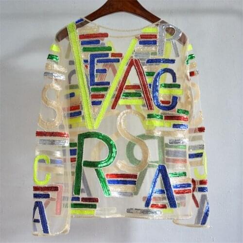 Womens Fashion Letter Beading Sequins Tops Long Sleeve Perspective Mesh Lace Blouse for Women