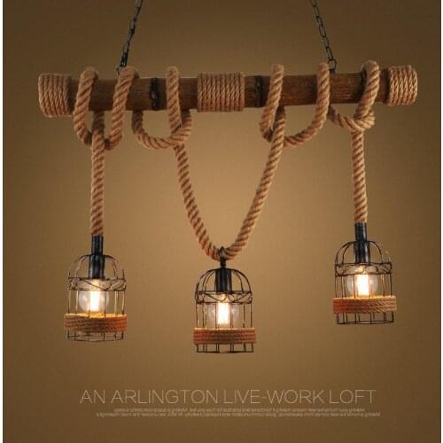 Countryside Vintage Pendant Lights Loft Hemp Rope Bamboo Iron Cage Hanging Lamp Hand Knitted Lighting Fixture For Restaurant Bar