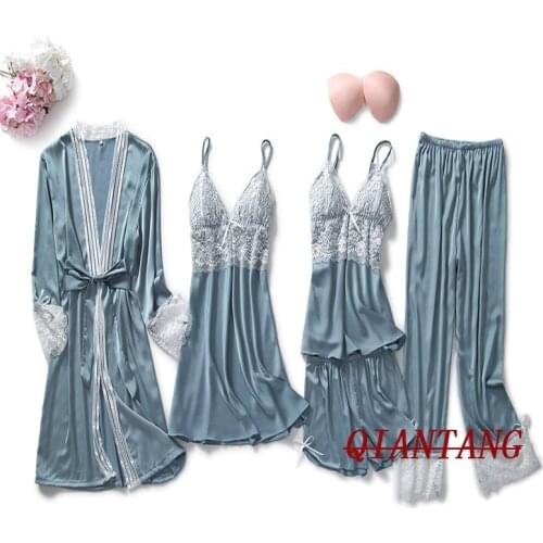 5 PCS Satin Robe Gown Sleep Suit Spring Womens Lace Flower Nighty&Bathrobe With Chest Pads Sleepwear Lounge Home Wear Nightgown