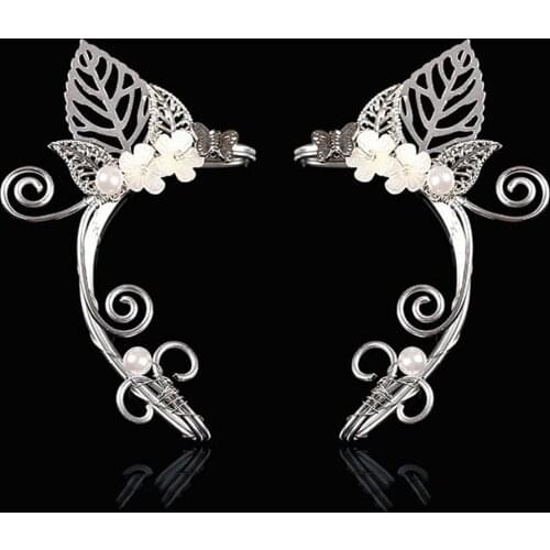 Chic Women Earrings Elf Pearl Hollowed Flower Leaf Cosplay Fairy Ear Wrap Cuffs Earrings For Girls Wedding Jewelry Gifts