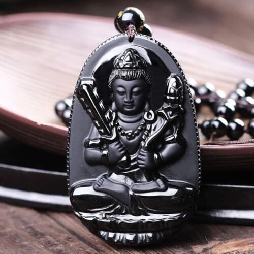 China collection carving Obsidian Bodhisattva Pendant necklace amulet