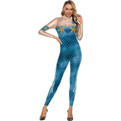 Cosplay Mermaid Sexy Bodysuit Cosplay Costume Elastic Tight Female Clothing 3D Printed Long Sleeve Slim Carnival Jumpsuit