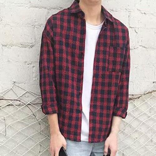 Men Shirt Fashion Plaid Turn Down Collar Long Sleeve Plaid Pattern Single-breasted Shirt Top Turn Down Collar Plaid Shirt Men
