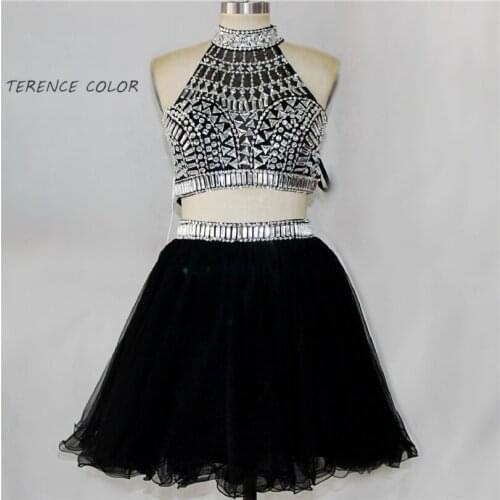 Luxury Beaded Tops Graduation Dress A-line Mini Cocktail Party Dress Two Piece Set