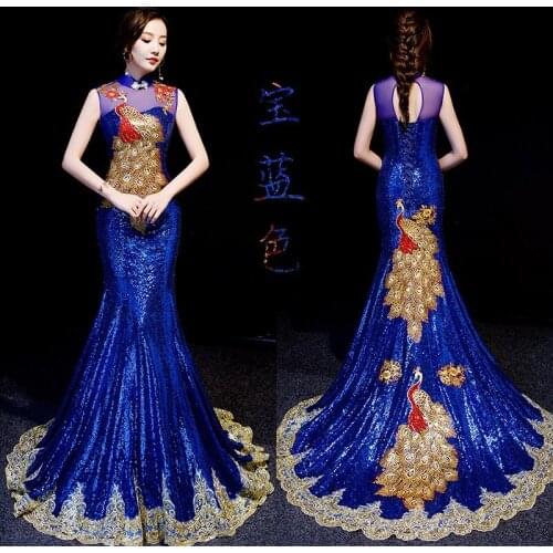 Sexy Sequins Peacock Embroidery Qipao Long Cheongsam Bride Oriental Wedding Chinese Evening Dresses Size S-XXL