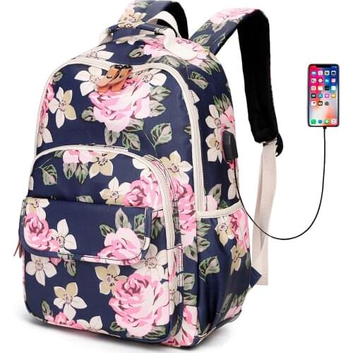 Floral School Backpack for Girls Travel Bag Bookbag College Flower Laptop Backpack with USB Charging Port Teens Womens