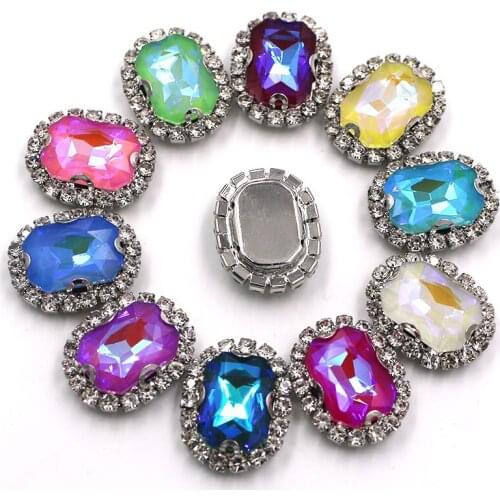 Wedding Decoration Rectangular Octagon Glass Ab Mocha Rhinestones Sliver Cup Chain rim Crystal Button Sew On Clothing/Dress