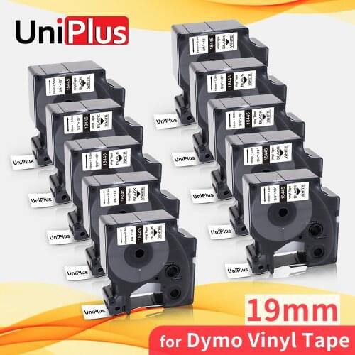 UniPlus 10PK 19mm Vinyl Label Tape Black on White 18445 Fit Dymo Rhino IND Vinyl Industrial Label for Dymo Label Maker 6500 6000