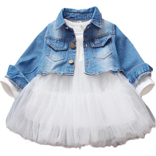 Toddler Girl Spring Winter Christmas Dress Clothes Girls Denim Jacket Coat + Lace Tutu Dresses Cotton Children Clothing Sets