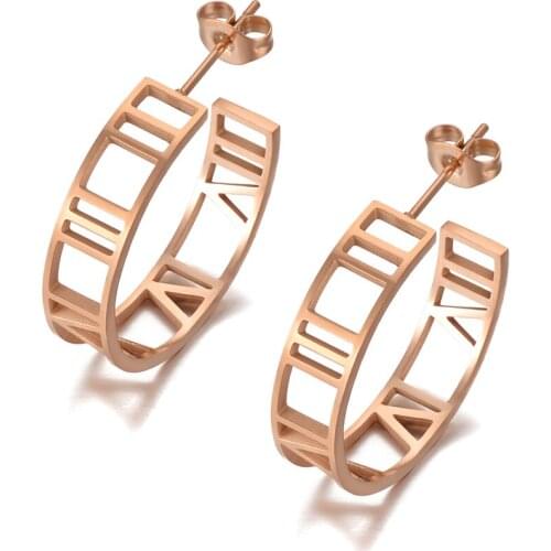 Vintage 316L Stainless Steel Semicircle Roman Numeral Wedding Earrings For Women Geometric CZ Crystl Earrings E20094