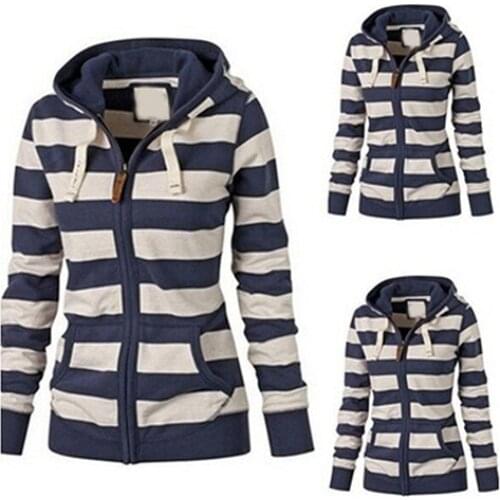 Womens Zipper Drawstring Jacket Coat Autumn Casual Striped Hoodie Jumper Hooded Slim Drawstring Female Outerwear Hot for Women