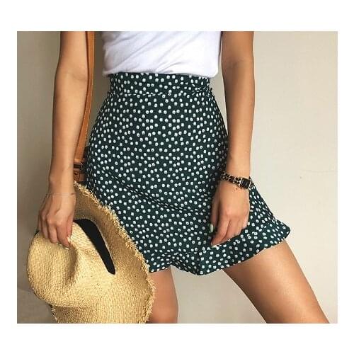 2020 Summer New Women Fashion Floral Print Polka Dot Mini Skirt Casual Ruffles High Waist Beach Skirts