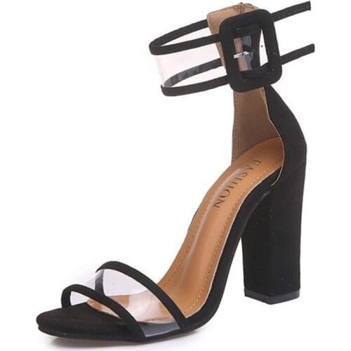Jelly Shoes Woman Belt Buckle Sandals Open Toe High Heels Ladies Perspex Transparent Shoes Chunky Heels Sandals Big Size 43