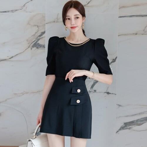 Retro Puff Sleeve Top Casual Korean Women Pleated Button High Waist Mini Skirt Round Neck T-shirt Black Streetwear 2 Pieces Set