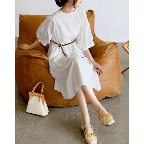 Retro cotton French puff sleeve dress women 2021 summer new loose round neck mid-length skirt