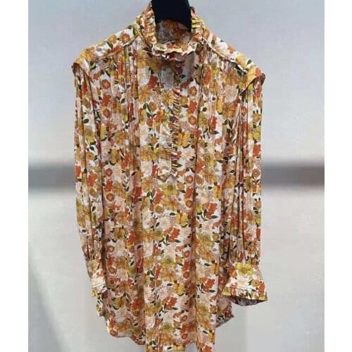 Women Floral Print Mini Dress 2021 Spring Summer Stand Collar Frill Trim Ladies Short Robe