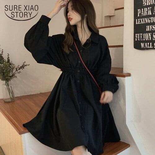 Plus Size Dress Women 2021 Spring Casual Vintage Lantern Sleeve Shirt Dress Turn Down Collar Button Party Dresses Women 13491