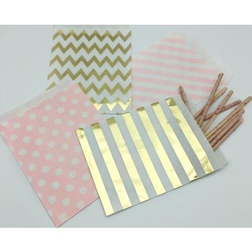 100pcs Assorted Pink Gold Metallic Paper Bags 5 x 7.5 Inch Flat Paper Bags Stripe/Polka Dots/Chevron Birthday Party Treat Bags