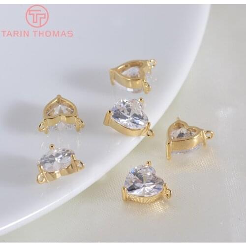 6PCS 5MM 7MM 24K Champagne Gold Color Brass with Zircon 2 holes Heart Charms Pendants High Quality Diy Jewelry Accessories