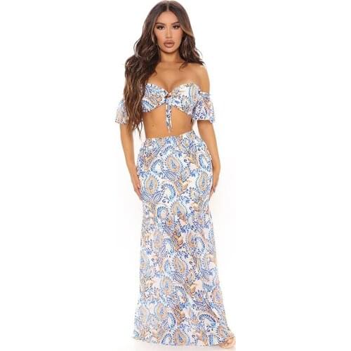 2021 New Summer Woman Girls Floral Clothes Set Off Shoulder Crop Tops Long Skirt 2PCS Beachwear Boho Sundress Sets