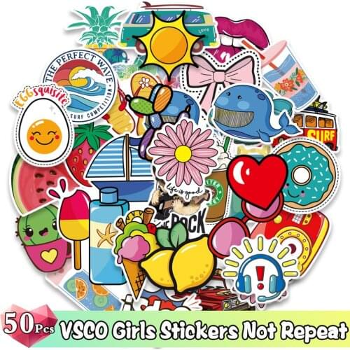 50 Pcs Cute VSCO Girl Stickers Color Cartoon Anime Sticker on Laptop Car Guitar Luggage Water Bottle Moto Skateboard Kid Toys