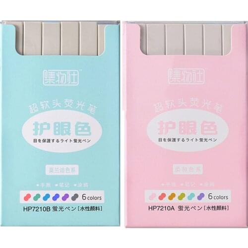 6 Colors/Set Soft Highlighter Marker Pen Set Pastel Colors Brush Tip Drawing Paint Maker Pen Cute Stationery Highlighter Pens