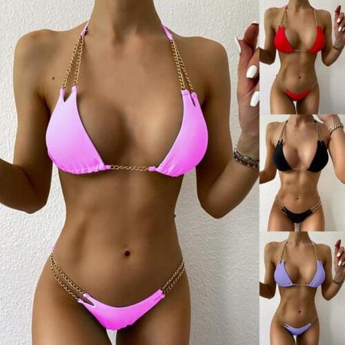 Bikini 2021 woman Metal Chain Lacing Halter Bra Triangle Underwear Swimsuit Bikini Set for Swimming