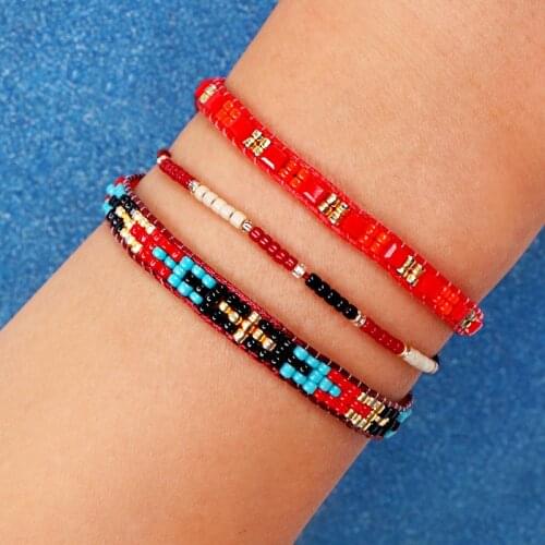 BLUESTAR 3pcs One Set Red MIYUKI Woven Bangle Bohemian Lady Braided Crystal Bead Charm Bracelets Jewelry