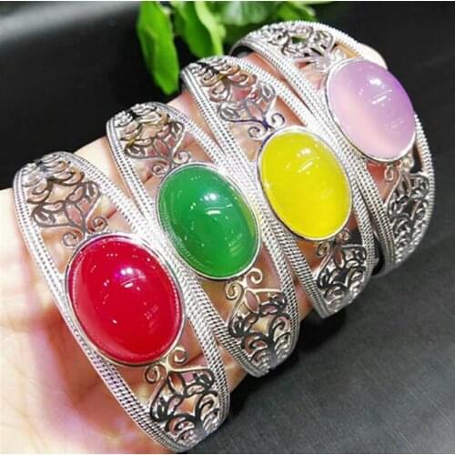 Natural agate Jade inlay 925 Silver Bangle Bracelet Topaz Ring live two piece female pulp Jewelry Set