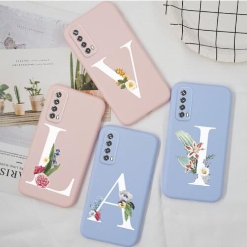 For Huawei P Smart 2021 Case Cover Candy Color Flower Letter TPU Funda For Huawei PSmart 2021 Y7A TPU Case Matte Purple Pink