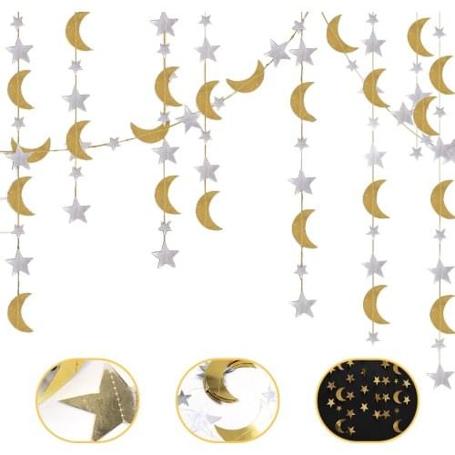 Eid Mubarak Decoration 4M Gold Silver Star Moon Paper Garland Hanging String Banner Ramadan Wedding Birthday Party Diy Decors