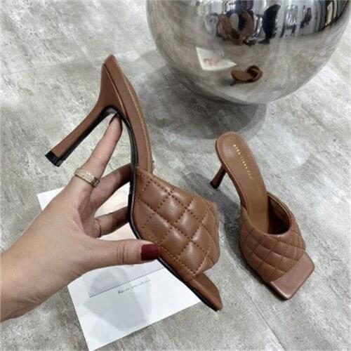 Sqaure Toe Mule Heels Shoe Black PU High Heel Shoes Women Sandals Slipper