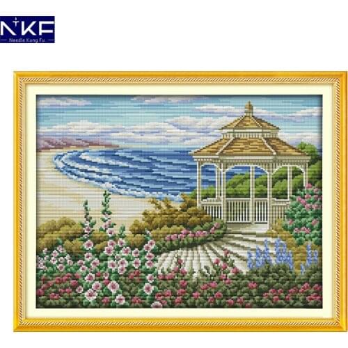 NKF The Seaside Observation Deck Cross Stitch DIY Stamped Cross Stitch Kits for Embroidery Needlework Christmas Home Decoration