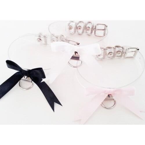 Punk Kawaii Lolita Handmade Bowknot Necklace, Stud Rivet Bow Clear Buckle Choker Collar Necklace