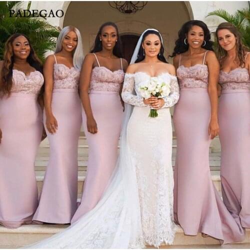 Pink In Stock Mermaid Bridesmaid Dresses For Western Summer Weddings Lace Appliques Spaghetti Straps Long Maid of Honor Gowns