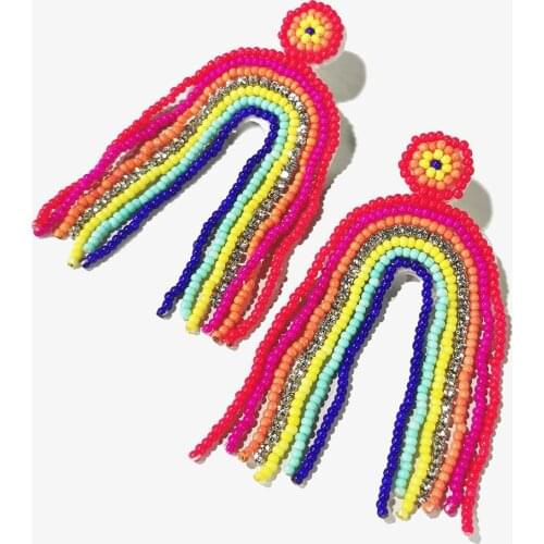 MANILAI Rainbow Beaded Tassel Earrings For Women Handmade Boho Jewelry Multicolor Long Beads Statement Earrings Ethnic Accesory