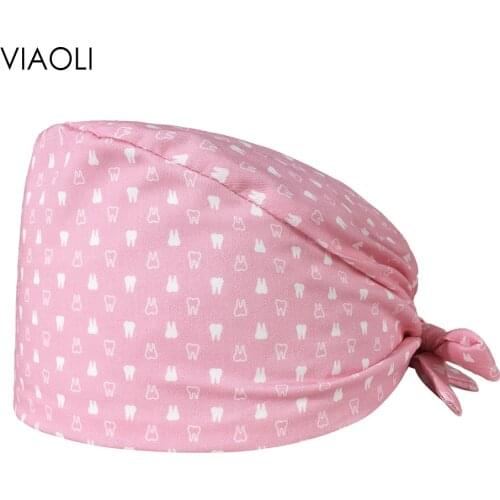 Pink printing work wear High quality tooth scrubs cap unisex lab dustproof work hats adjustable pet beauty salon working cap new