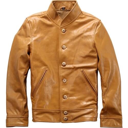 ST550 Read Description! Asian Size Mens Genuine Cow Leather Jacket Motorcycle Slim Vintage Cowhide Cossack